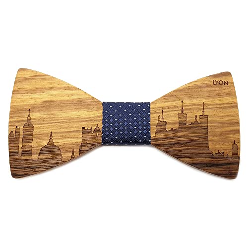 GASTON ET FERDINAND - Noeud Papillon Bois Foncé Tissu Bleu Ville Française Cocorico France Au Choix Fait Main Artisanal - Taille unique, LYON Cover
