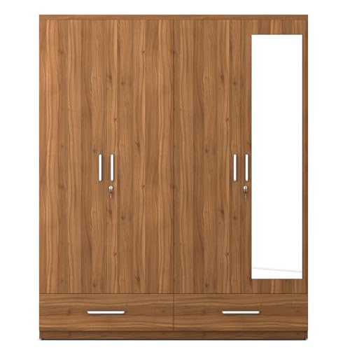 Image of Spacewood Linden Wardrobe | 3 Year Warranty | Almirah, Cupboard, Almari, 4 Door Wardrobe with Mirror, 3 Drawer (1 Lock Drawer) and 2 Hanging Space & 1 Internal Locker |Engineered Wood| Natural Teak