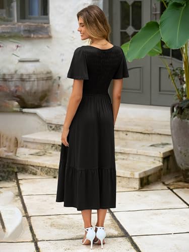Image of Simplee Womens Summer Smocked Flowy Dress - Casual Flutter Sleeve Tiered Boho Maxi Dresses with Pockets