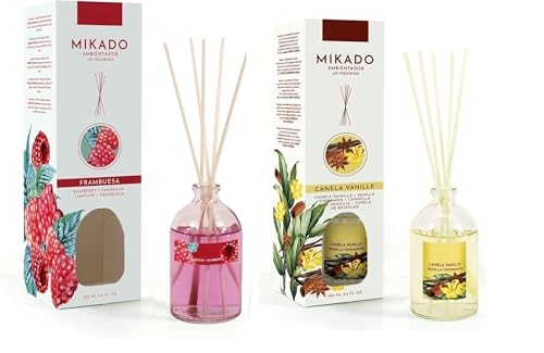 PCMOVILES Mikado Ambientador FRAMBUESA Y CANELA VANILLE 100 ml – Pack de 2 Unidades – Aroma Fresco y Natural – Difusor de Varillas para Casa, Oficina y Armario