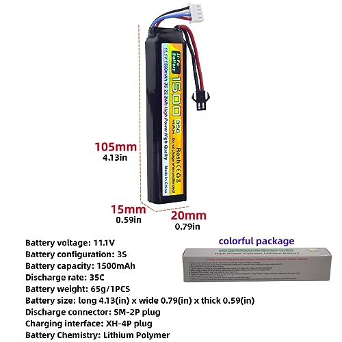 Fytoo 2PCS 11.1V 35C 1500mAh SM-2P Plug T-Plug Kotamiya Plug Lithium Battery with USB Charging Cable for Airsoft Model Gun Rifle RC Car Drone Battery