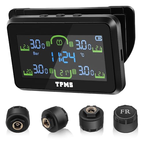 Liwogi Reifendruckkontrollsystem Werkzeuge mit abnehmbarer Halterung, kabelloser TPMS Solar-Reifendruckmonitor mit Alarm, Zeit-/Temperaturanzeige, 4 Radschalter-Modi für Wohnwagen, LKW, Wohnmobil