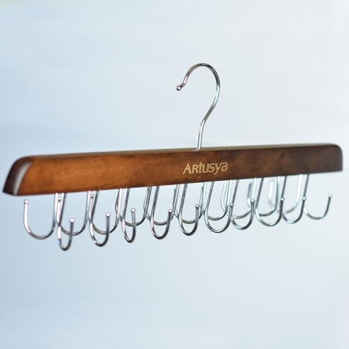 Artusya Belt Hanger for Closet, Sturdy Wood Belt Rack Closet Accessories with 20 Hooks Belt Organizer for Closet Organizers and Storage, Brown
