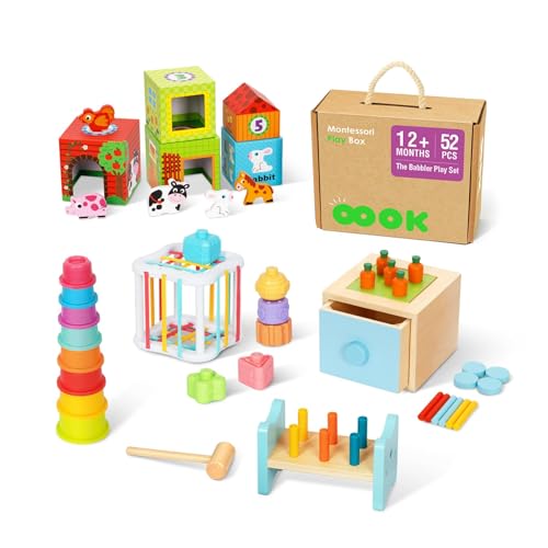 Image of OOOK Montessori Toys for 1 Year Old, 7 in 1 Learning Educational Kit with Sensory Bin,Nesting Box, 3 in 1 Educational Box,Pounding Bench and Baby Stacking Cups