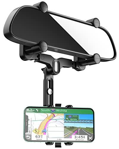 JOCOSA Phone Mount for Car, Large Rear Mirrors Friendly, View Phone Holder, Upgraded 4 Clip More Stable, 360° Rotatable and Retractable Fit All Mobiles & Fits Bigger Vehicle., Black