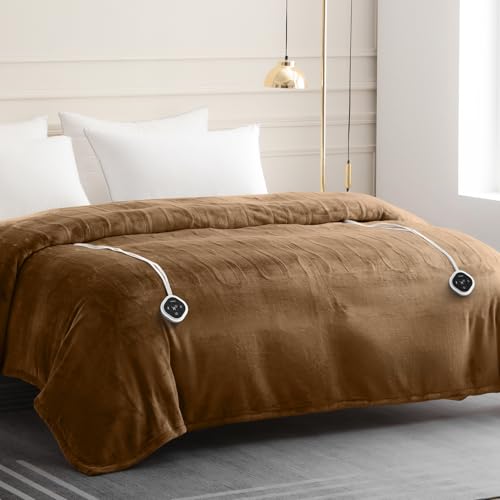 Image of HOMLYNS LuxeHeat Heated Blanket Electric Blanket Queen Size, Soft Flannel Sherpa Heating Blanket with 10 Heat Settings, 1-10 hrs Timer Auto Shut Off (84x90 inches, Coffee), Only for 120V Voltage Use