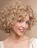 TISHINING Short Blonde Curly Wigs for White Women with Bangs Full Bouncy Curly Mixed Blonde Synthetic Short Hair Wigs for Women Natural Looking Heat Hair Replacemnet Wig