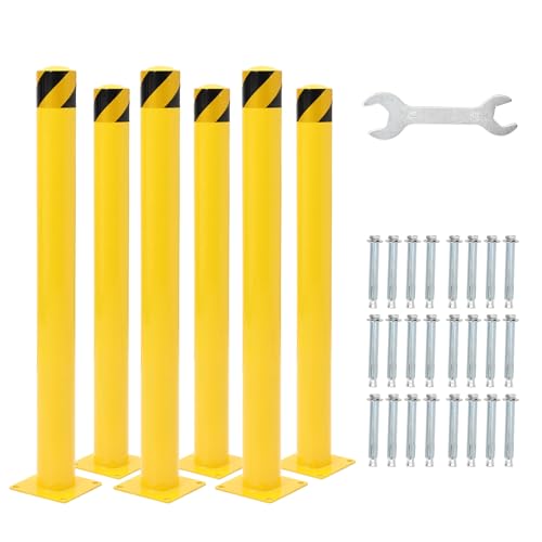 GarveeTech Safety Bollards 6 Pack - 36 Inch Reliable Yellow Steel Posts with 4.5 Inch Diameter & 24 Anchor Bolts for Traffic Management & Parking Barriers