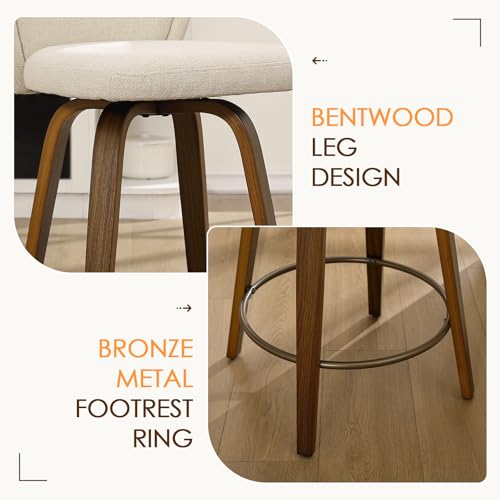 Image of HNY Swivel Counter Height Bar Stools Set of 4, 26 Inch Barstools with Walnut Wooden Leg and Back, Modern Linen Upholstered Counter Stools for Kitchen Island, Beige