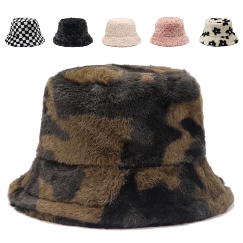 Image of Bucket Hat Women Furry Fuzzy Bucket Hats for Ladies, Winter Warm Fluffy Plush Faux Fur Hat for Women