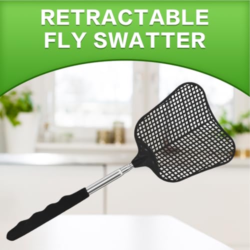 COZYLIVING Fly Swatter 1 PCS, Durable Heavy Duty Plastic Fly Swatters, Stainless Steel Telescopic FlySwatter for Indoors/Outdoor/Kitchen/Garden (Black)