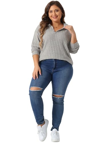 Image of Agnes Orinda Women's Plus Size Loose Polo V Neck Long Sleeve T Shirts Tops Collared Ribbed Brushed Top Sweater Casual