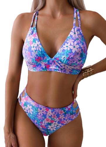 Tainehs Women's Push Up V Neck Bikini Sets Criss Cross Back Two Piece Bathing Suit Pink Flower