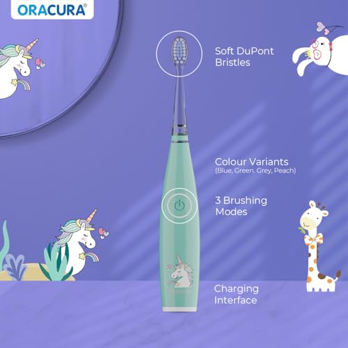 Image of ORACURA KSB200 Kids Sonic Electric Rechargeable Toothbrush, 3-10 Years, 24,000 strokes /min, With 3 Modes, IPX7 Waterproof, Smart 2-Min Timer, Rechargeable Lithium Battery, LED & Colorful Lights (Green)