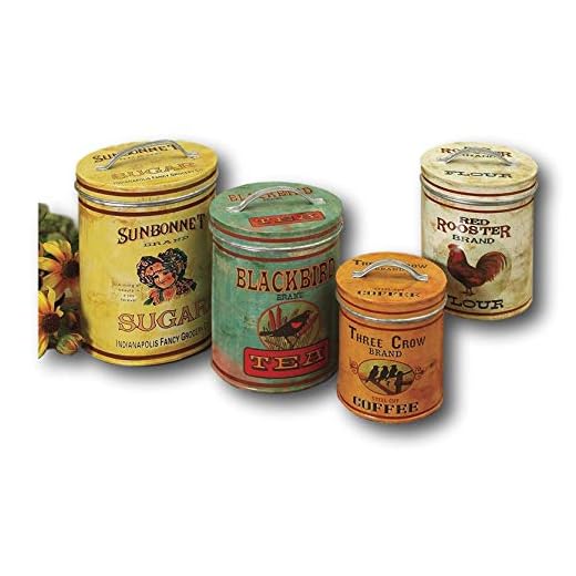 Set of 4 Large Vintage Antique Style Round Metal Nesting Kitchen Canisters with Lids Sugar Tea Coffee and Flour