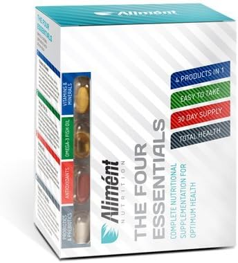 Aliment Complete Nutrition Pack – Multivitamins, Minerals, Omega 3 Fish Oils, Probiotics & Prebiotics 30 Day Supply Adult Supplements – The Four Essentials Comprehensive Supplement Support for Health 120 Capsules