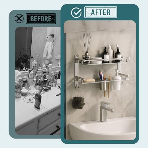 Image of GLOXY Premium Chrome Finish Stainless Steel Bathroom Shelf with Soap Holder, Toothpaste Holder & Liquid Soap Dispenser - 6 in 1 Bathroom Organizer Bathroom Accessories for Home, Office & Hotels