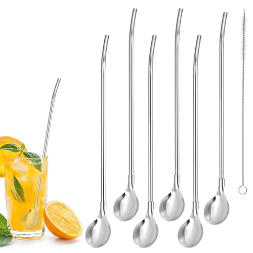 TIESOME 6 Stück Trinkhalmlöffel Edelstahl Trinkhalm Strohhalme Löffel Lang Löffel Wiederverwendbare 2-in-1 Strohhalmelöffel mit Reinigungsbürste Straw Spoon für Latte Macchiato Slush Cocktail