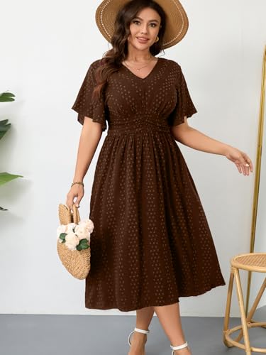 Image of RWJ Women's Plus Size Maxi Dress V Neck Short Sleeve Swiss Dot A Line High Waist Boho Swing Casual Summer Dresses