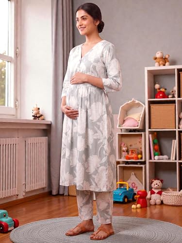 Image of RITIJYA Pure Cotton Feeding Kurta Pant Set for Women | Floral Anarkali Pregnancy Dress with Concealed Nursing Zipper Side Pocket | Pre & Post Partum | Maternity Dresses | Baby Shower Outfit
