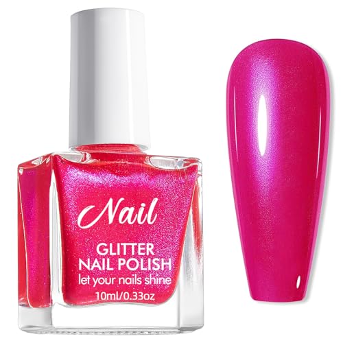 Hot Pink nail polish - Shimmer Pearl Nail Polish - Pearlescent Rose Red Mermaid Nail Polish - No Bake 60 Seconds Nail Varnish Quick Dry - Breathable Nail polish Long Last for Women
