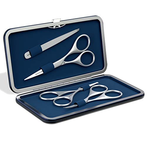 Suvorna Heren 4 Stks Gezichtshaar Schaar Set/Kit. Bevat 4,5" Snor & Baard, Oren & Neus en Wenkbrauw Schaar Samen met Slant Tweezers. Geweldige metalen en lederen behuizing. - Nee.