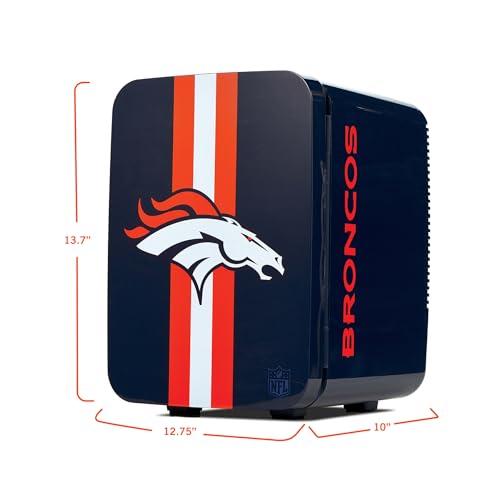 Image of Ukonic NFL Denver Broncos 15-Can Mini Fridge 10L - AC /DC Powered, Official Team Colors & Logo, Portable Cooler for Tailgates, Home, Office, or Car