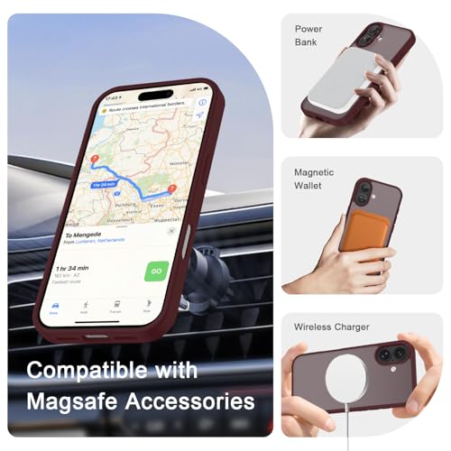 Image of YENAPOON for iPhone 16 Plus Case, Matte Magnetic Phone Cover [with 1 Screen Protector] [Support for MagSafe] [Shockproof Military Grade Protection] Translucent Frosted Back, Wine Red
