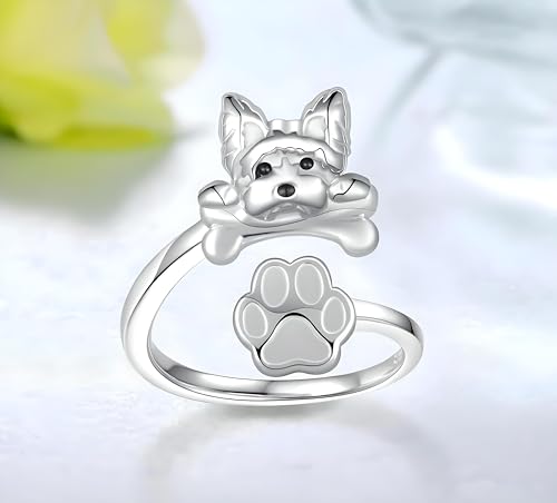 German Shepherd, Yorkie, Pug Dog Paw Adjustable Ring, Sterling Silver, Paw Print Design with Crystal Accents - Christmas, Birthday, or Party Ring4