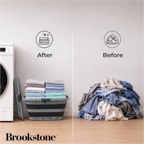 Image of Brookstone 11 Gal Collapsible Laundry Basket With 3 Handles, Hip Hugger Design, Non-Slip Comfort Grip, Lightweight BPA-Free Space Saving Pop-Up Hamper, 24 In, Portable and Sturdy, Dark Gray