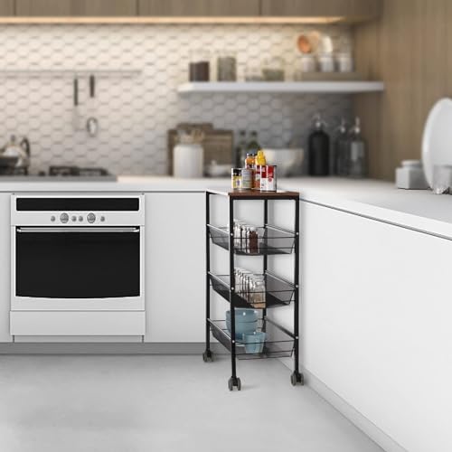 LIANTRAL Carrito de almacenamiento de 4 niveles, carrito de despensa de almacenamiento de malla metálica con ruedas bloqueables, parte superior de aspecto de madera y marco de metal. - imagen 6