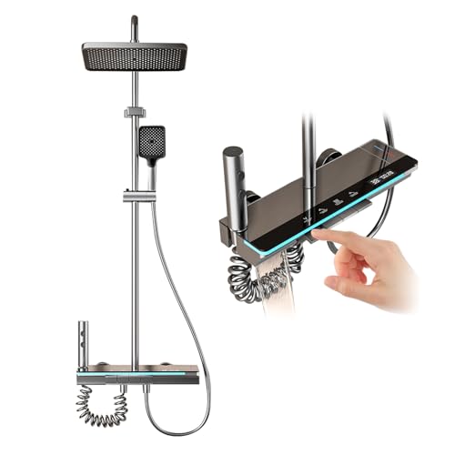 Oamger Système de douche, pommeau de douche carré, douchette à main à 3 jets, avec affichage numérique à LED, barre de douche réglable, douche à effet pluie, douche à effet pluie avec