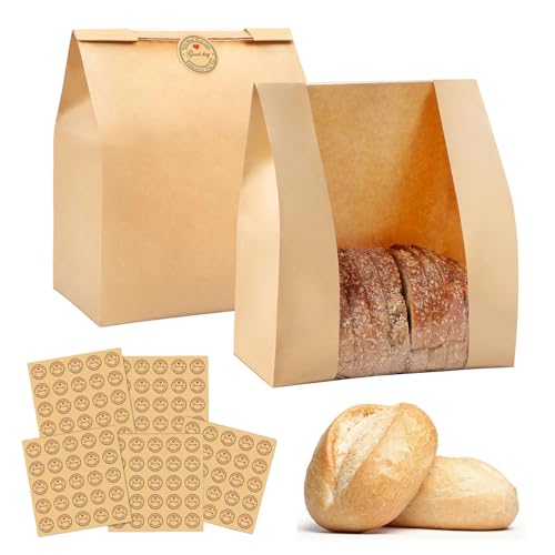 Paper Bread Bags for Homemade Bread, Sourdough Bread Bag with Window & Stickers, Brown Bakery Bags for Storage Bread Cookies & Snacks, Home Baking Packaging Storage,12.6 * 8.3 * 4 Iches (50)