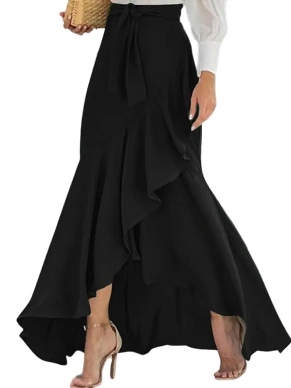 UOOZEE Women's Wrap Front Flowy Ruffle Hem Split Long Skirts Self Tie Knot Elastic Waist Maxi Skirts