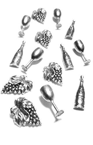 Wine Lovers Metal Push Pins, Grapes, Wine Glasses, Wine Bottle, Silver Finish, 15 Piece Set #TOP6