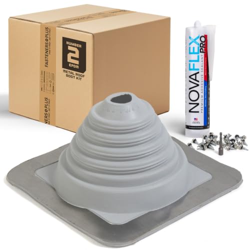 Image of Fasteners Plus #2 Square EPDM Metal Roof Pipe Flashing Boot with Complete Install Kit (Fits 7 /8 inch - 4 inch Pipe OD), Gray