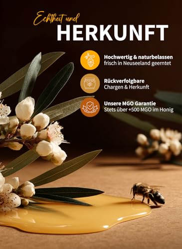 bedrop Manuka Honig mit MGO 500+ XXL Glas - 100% echter Premium Manukahonig aus Neuseeland mit zertifiziertem Methylglyoxal Gehalt (Analyse-Zertifikat) - 140g