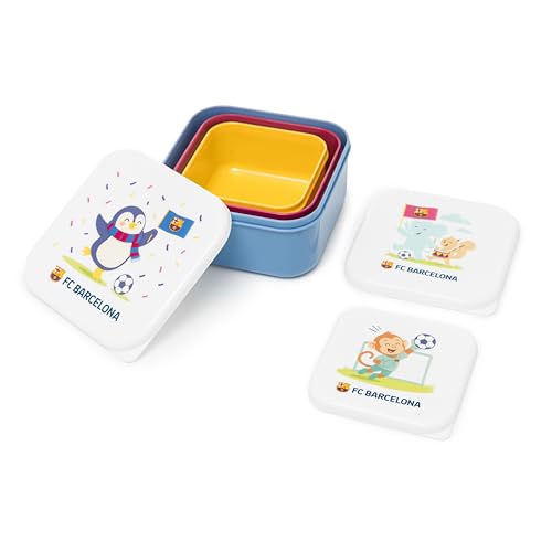 Miniland – FC Barcelona Snack Box Set – Set mit 3 Kinder-Brotdosen, 230 ml, 350 ml und 540 ml – BPA-frei – Leicht zu verschließen – Offizielles Design