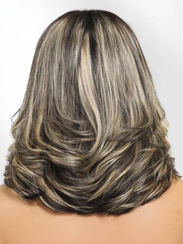 Image of Beauty Forever 7x5 Bye Bye Slip Glueless Lace Wig Human Hair Ash Blonde Highlight 14 Inch Feathered Layered Bob Wig Pre-Cut HD Lace Wear and Go Pre-Plucked Natural Hairline