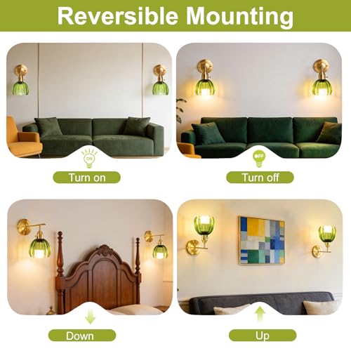 Image of Vintage Wall Sconces Set of 2 with Green Tulip Glass Lampshade, Hardwired and Wireless Wall Mounted Light Fixtures (2 Usage Methods), Gold Lamp with Switch for Bedside Bedroom Living Room Wall Decor