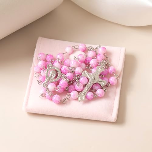 Rosary Beads Catholic for Women - Confirmation Gifts for Teenage Girl, Plum Blossom Bead Artificial Pearl Rosary Beads with Pink Velvet Pouch2