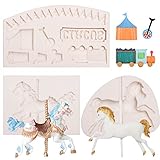 3D Carousel Horse Silicone Molds 3 Pcs, Circus Fondant Mold for Cake Decoration, Candy Sugar Cupcake Topper Cake Pop Popsicle, Baby Shower Birthday Party, Polymer Clay Crafts Chocolate