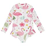 SyXIOP Bonito traje de baño de manga larga con diseño de flamencos rosas para niñas y adolescentes, Bonitas flores de flamenco rosa, 11-12 años