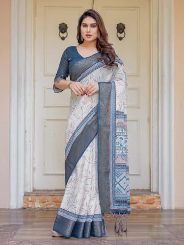 Image of ALMAARI FASHION Floral Printed Cotton Saree for Women with Handloom Zari Weave, Traditional Lightweight Ethnic Saree for Wedding Festive Office Party with Blouse Piece (LINEN 81-90 SH)