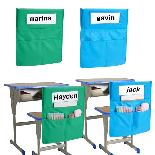 Bolsos de cadeira para salas de aula, armazenamento de grande capacidade, bolsos para cadeira de sala de aula, bolsa K-2 Chairback Buddy com 3 bolsos e 1 etiqueta de nome de aluno, bolsas para cadeira