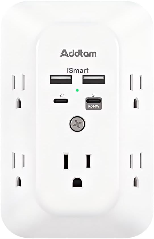 Addtam 5-Outlet Extender Surge Protector, Multi Plug Wall Outlet with 4 USB Wall Charger(PD 20W), Outlet Splitter Power Strip for Home Office Dorm Room Essentials, Plug Extension Outlet 1800J