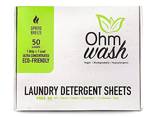 Ohm Earth's Ohm Wash - Hojas de detergente para ropa hipoalergénicas, ecológicas y biodegradables, tiras de detergente para ropa sin plástico para pieles sensibles (50 cargas, brisa de primavera)