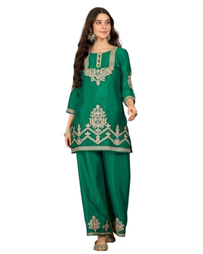 Image of Amazon Brand - Tavasya Women Silk Blend Zari Sequence Thread Embroidered Kurta with Palazzo |Ethnic Wear