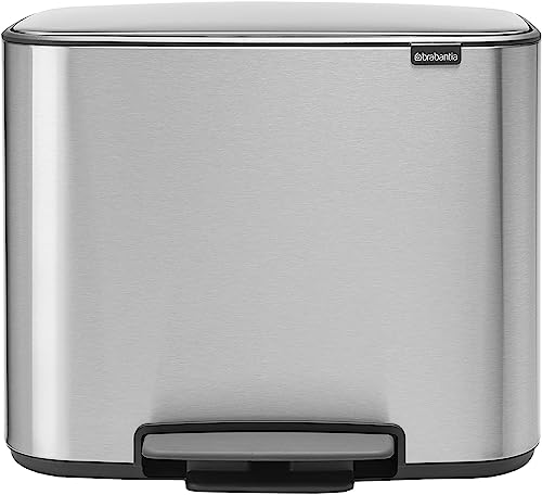 Image of Brabantia Bo Step-On Pedal Trash Can - 3 + 6 Gal Inner Buckets (Matt Steel FPP) Waste /Recycling Garbage Can, Removable Compartments + Free Bags