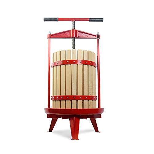 SQUEEZE master Fruit Wine Cider Press - Solid Wood Basket- 4.75 Gallon/18L-T Handle Bar-More Stable-Vintage traditional juicer,Apple Grape Fruit press for Juice Maker-1 free filter bag included(Red)